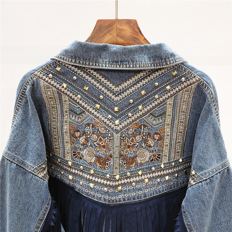 Denim Jacket Floral Embroidery Suede Fringe Loose Chaquetas Mujer Coat Long Sleeve Outerwear