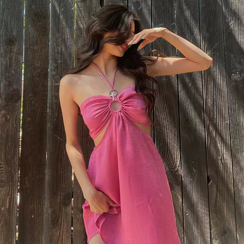 Fashion Style Hollow Chest Wrap Holiday Dress Halter