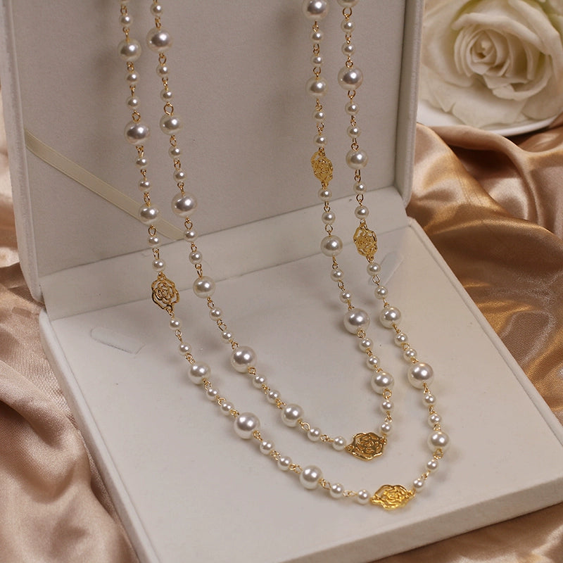 Fashion Women's Classic Style Cut Out Rose Pearl Necklace