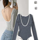 American Niche Classic Elegant Striped Sexy Bare Back Slimming and Tight Jumpsuit Long Sleeves Inner Wear Bottoming Shirt for Women