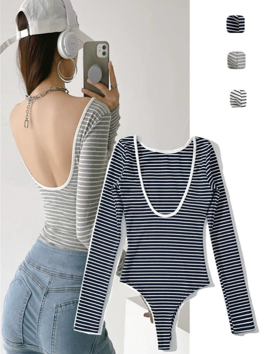 American Niche Classic Elegant Striped Sexy Bare Back Slimming and Tight Jumpsuit Long Sleeves Inner Wear Bottoming Shirt for Women