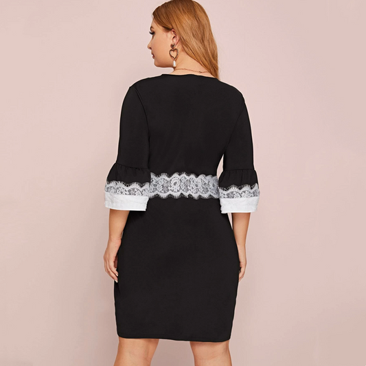 Half Sleeves Lace Trim V-neck Lace Dress