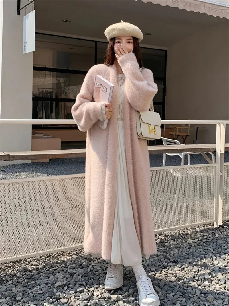 Autumn/Winter Lazy Style Loose Knee Length Thickened Pure Imitation Mink Fleece Knitted Sweater Cardigan Coat