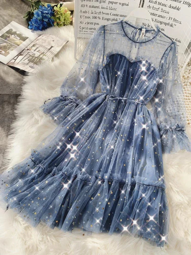 O-neck Stars Sequined Mesh Shiny Fairy Dress Bling Gauze Princess Puff Dresses