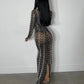 Women Diamonds Hot Drill Striped Mesh See Though Long Sleeve Bodycon Midi Maxi Dress Sexy Club Skinny Party Dresses