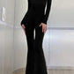 Solid Black Sexy Backless Bodycon Wide Leg Jumpsuit Women Autumn Casual Slim Long Sleeve O-Neck Playsuit Lady Streetwear