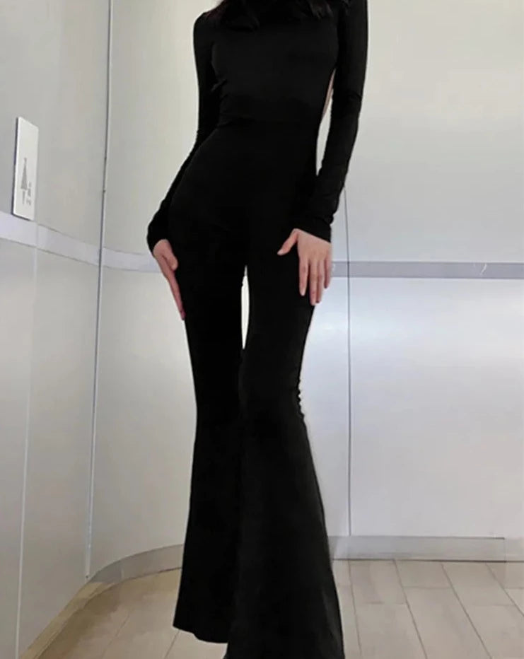 Solid Black Sexy Backless Bodycon Wide Leg Jumpsuit Women Autumn Casual Slim Long Sleeve O-Neck Playsuit Lady Streetwear