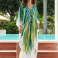 Boho Plus Size Women Clothing Green Plant Leaf Printed Kaftans Beach Wear Dress Cover Up