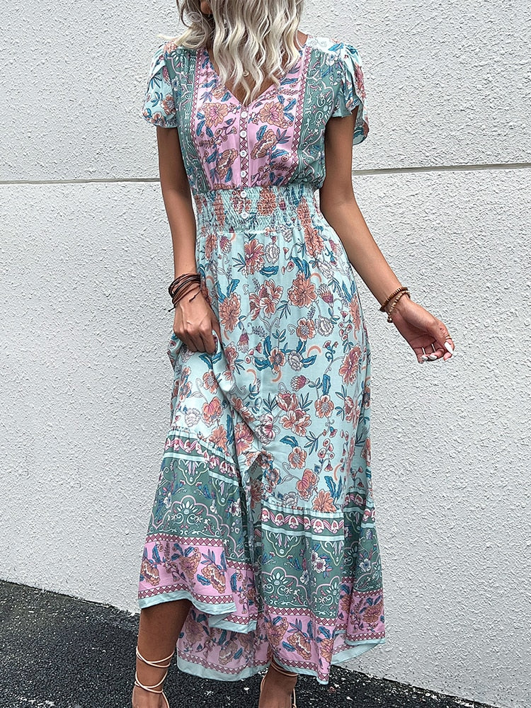 Vintage Floral Boho Printed Vestidos Women Short Sleeves V Neck Slit Midi Dresses A Line Bohemian Summer Beach Dress