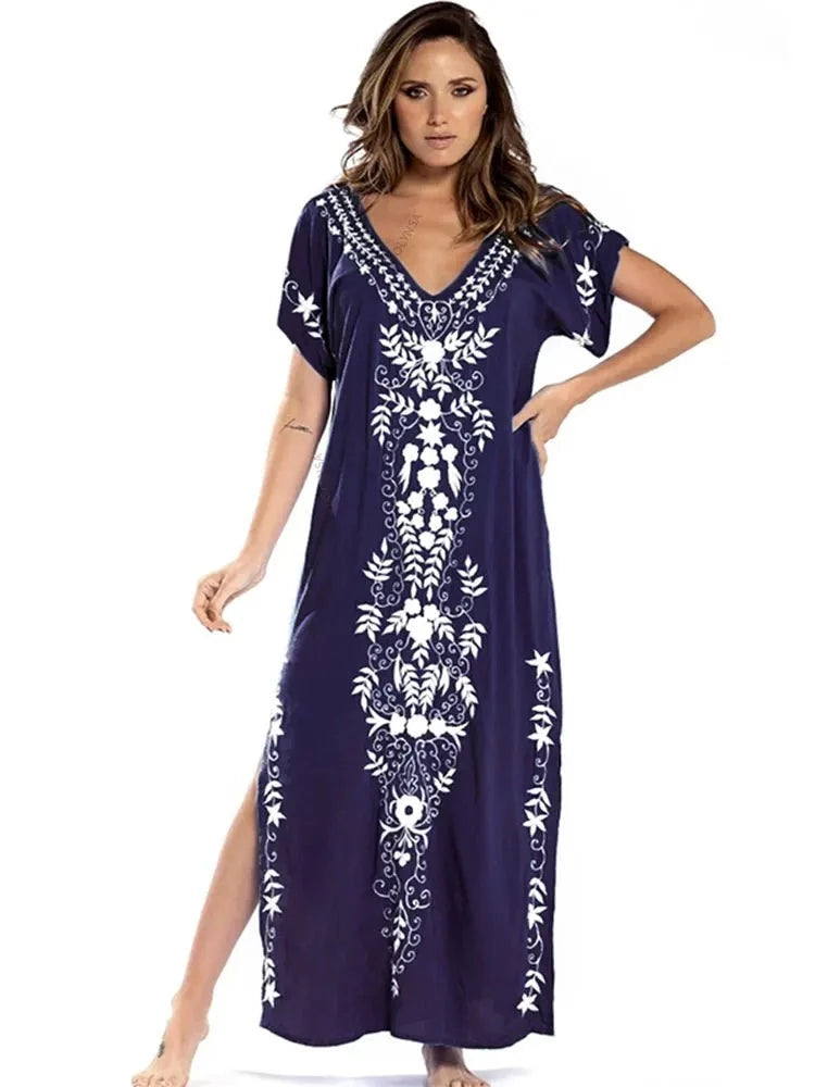 Embroidery Beach Cover up Saida de Praia Swimsuit Women Bikini cover up Tunics for Beach Pareo Sarong Beachwear Q790