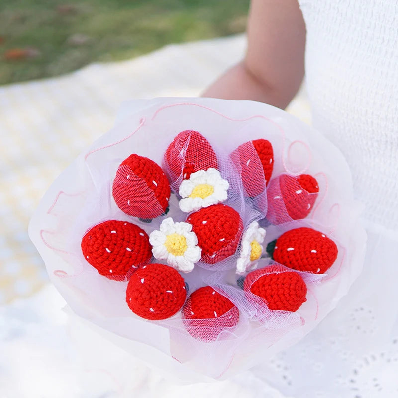 Hand Woven Strawberry Finished Eternal Flower Bouquet Crochet Simulated Flower