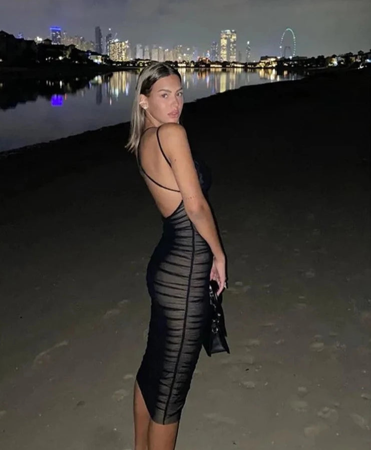 Sexy Mesh Pleated Long Prom Dresses For Women's Clothing 2023 Solid Color Beach Party Wear Midi Wrap Dress Street Outfit