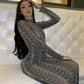 Women Diamonds Hot Drill Striped Mesh See Though Long Sleeve Bodycon Midi Maxi Dress Sexy Club Skinny Party Dresses