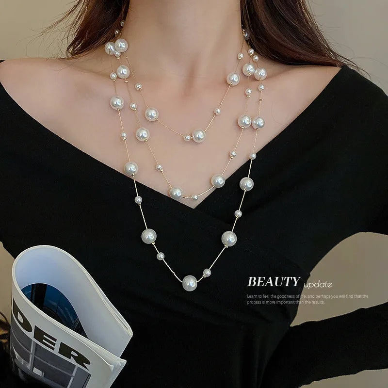 winter fashion women's long necklaces long pearl necklace sweater chain