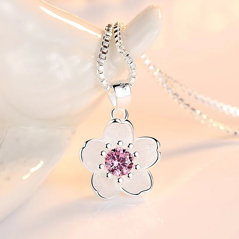 925 Sterling Silver Pink Purple Peach Blossom Necklaces Luxury Quality Jewelry