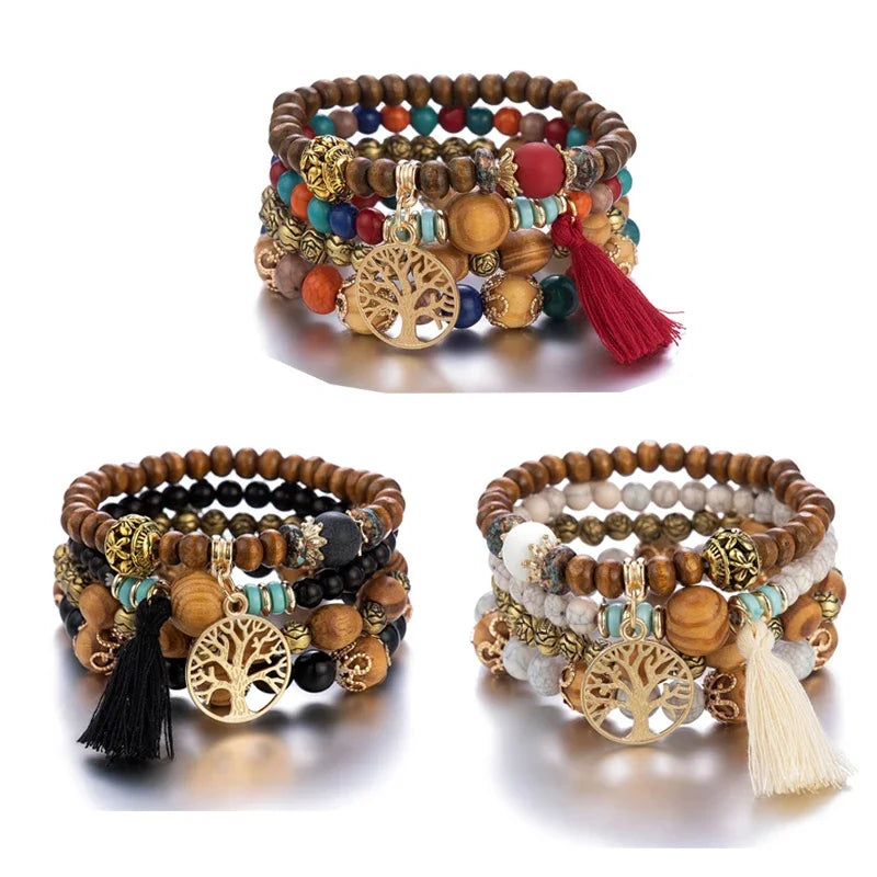 4Pcs Bohemia Tree of Life Charm Beaded Bracelet Set Tassel Multi Layer Beads Leaf Pendant