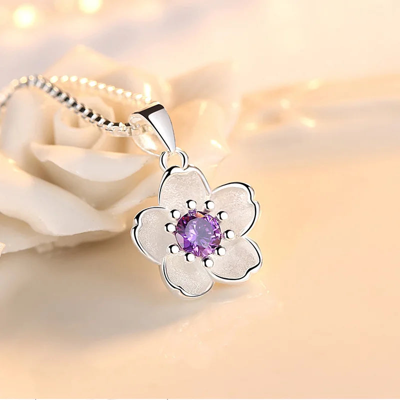 925 Sterling Silver Pink Purple Peach Blossom Necklaces Luxury Quality Jewelry