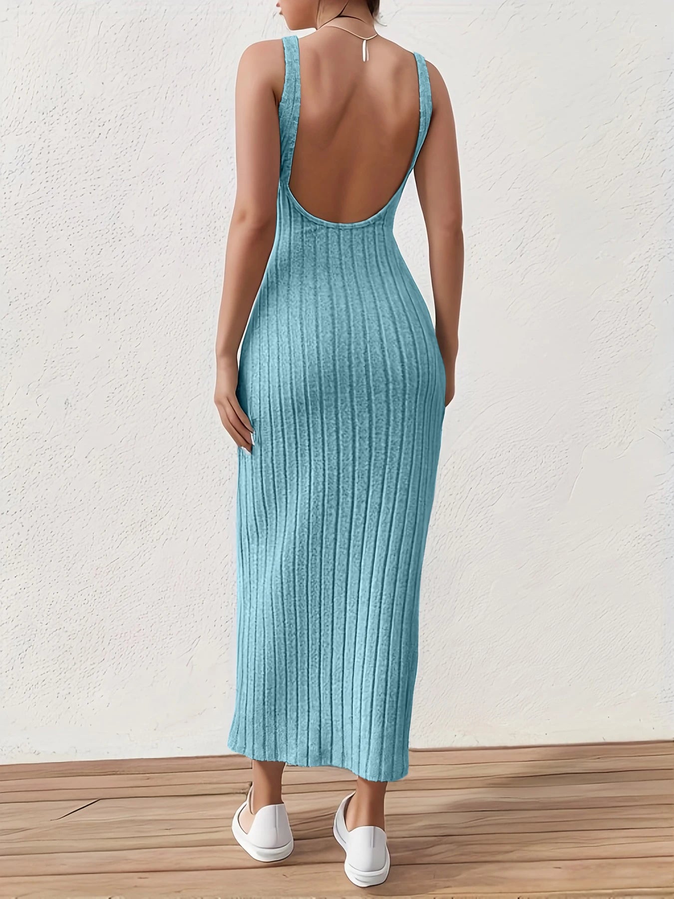 Solid Backless Tank sexy backless mid-length knitted sleeveless dress