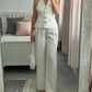 Women Solid Pant Suit Halter Single Breasted Sleeveless Blazer Vest Top Zipper Fly Trousers Office Lady Sets