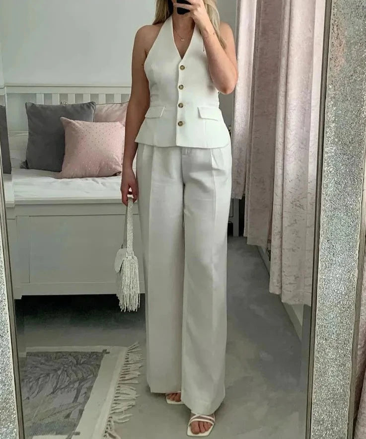 Women Solid Pant Suit Halter Single Breasted Sleeveless Blazer Vest Top Zipper Fly Trousers Office Lady Sets