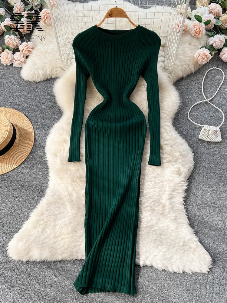 Women Knit Maxi Dress O Neck Autumn Long Sleeve Slim Solid Harajuku Ladies Fashion Pencil Sweater Long Dresses