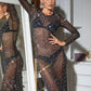 Tossy Glitter Female Cover up Maxi Dress Mesh See-Through Split Fashion Long Sleeve Slim Sexy Beach Cover up Dress