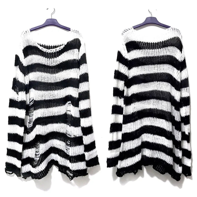 Punk Gothic Long Unisex Sweater Summer Women Striped Cool Hollow Out Hole Broken Jumper Loose Rock Thin Dark Streetwear Top