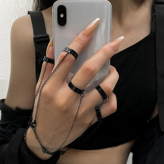 Punk Style Black Color Chain Wrist Rings for Women Men Charm Hip Hop Geometric Chain Open Rings Set