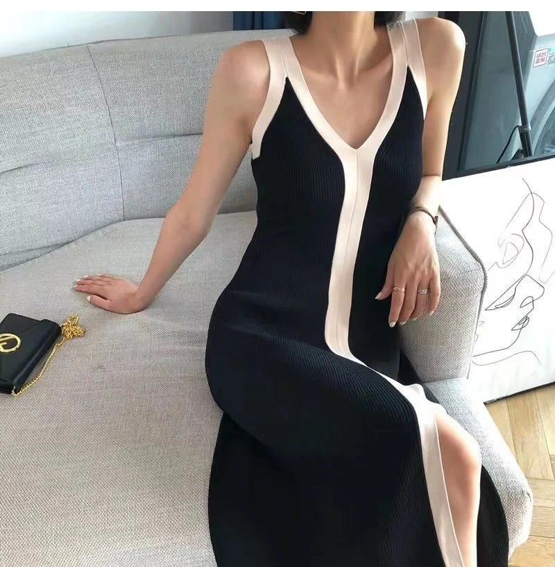 V-neck Maxi Sexy Sling Sleeveless Knitted Long Dress