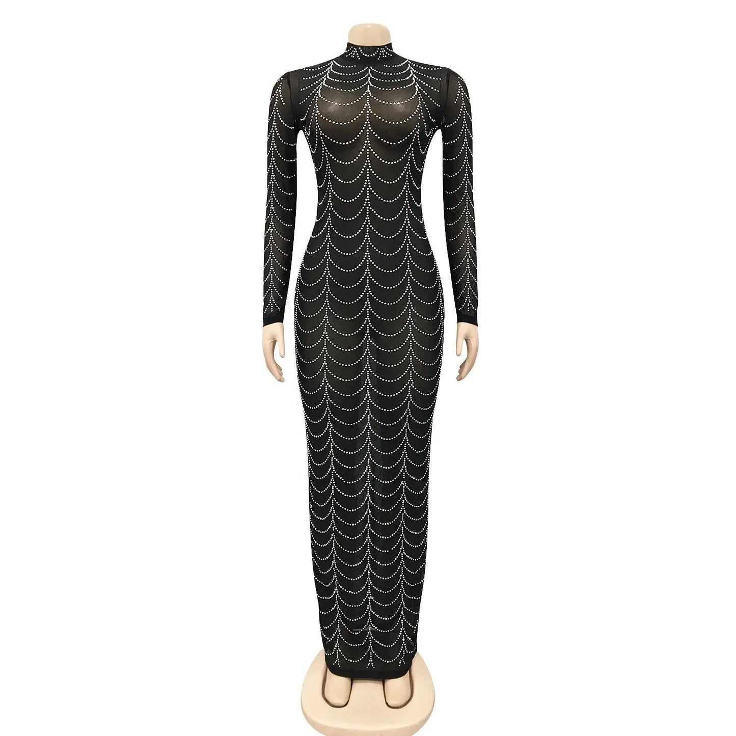 Women Diamonds Hot Drill Striped Mesh See Though Long Sleeve Bodycon Midi Maxi Dress Sexy Club Skinny Party Dresses