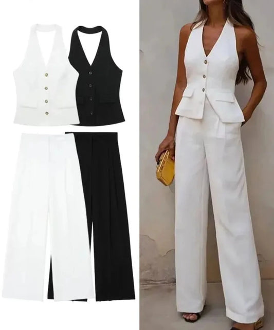 Women Solid Pant Suit Halter Single Breasted Sleeveless Blazer Vest Top Zipper Fly Trousers Office Lady Sets