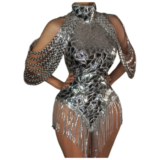 Tassel Performance Costume Bar Dancer Night Club Dress Stage Wear Sparkly Silver Fade Mirrors Sexy Bodycon Mini Dress