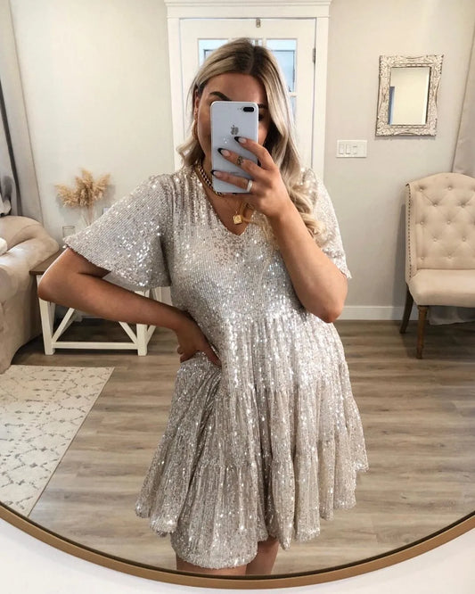 Solid Color Fashion Sequin Round Neck Dresses Loose Waist Short Sleeve Dress