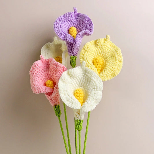 1PC Finished Hand-Knitted Crochet Flowers Artificial Calla Lily Fake Flowers Plants for Home Table Decor Wedding Bridal Bouquet