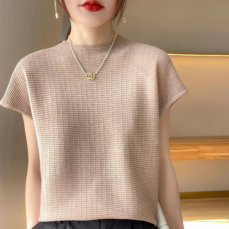 Summer Female T-shirts Short Sleeve Women O-neck Solid Color Tee Mock Neck Casual Soft T Shirt