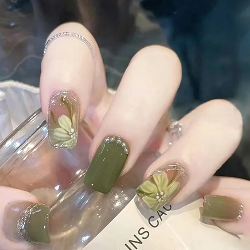 24Pcs/Set Press On Fake Nails Green Wearing Reusable False Nails Art Girls Ballerina Coffin Nail With Glue Full Cover Artificial