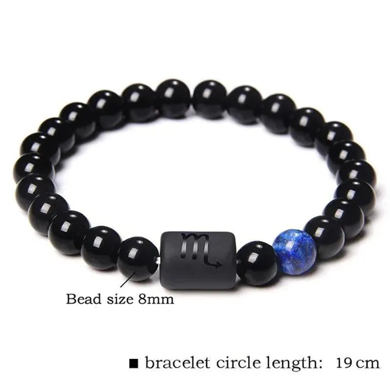 12 Constellation Zodiac Signs Beads Couples Bracelet Natural Black Onyx Stone Elastic Charm Bracelet