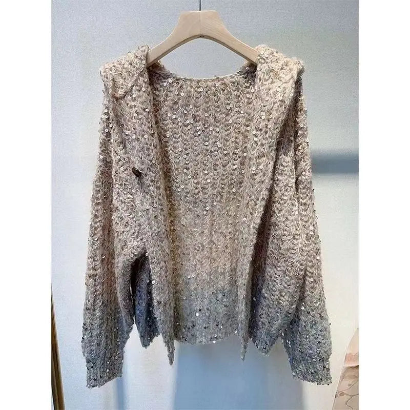 Autumn Winter Maillard Sequined Cardigan Jakcet Loose Hooded Knitted Sweater Coat Women's Winter Thick Warmer Sweater