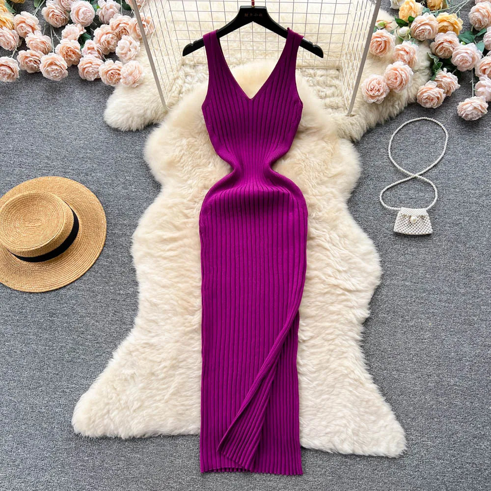 Chic Fashion Sexy Wrap Hips Split Knitted Autumn Dress Women Slim Elastic Bodycon Long Dress Streetwear Outfits Vestido