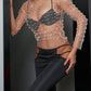 Women's Carnival Style Pearls Beaded Rhinestone Detail Sheer Mesh Crop Clubwear Cover Up Top Without Bra