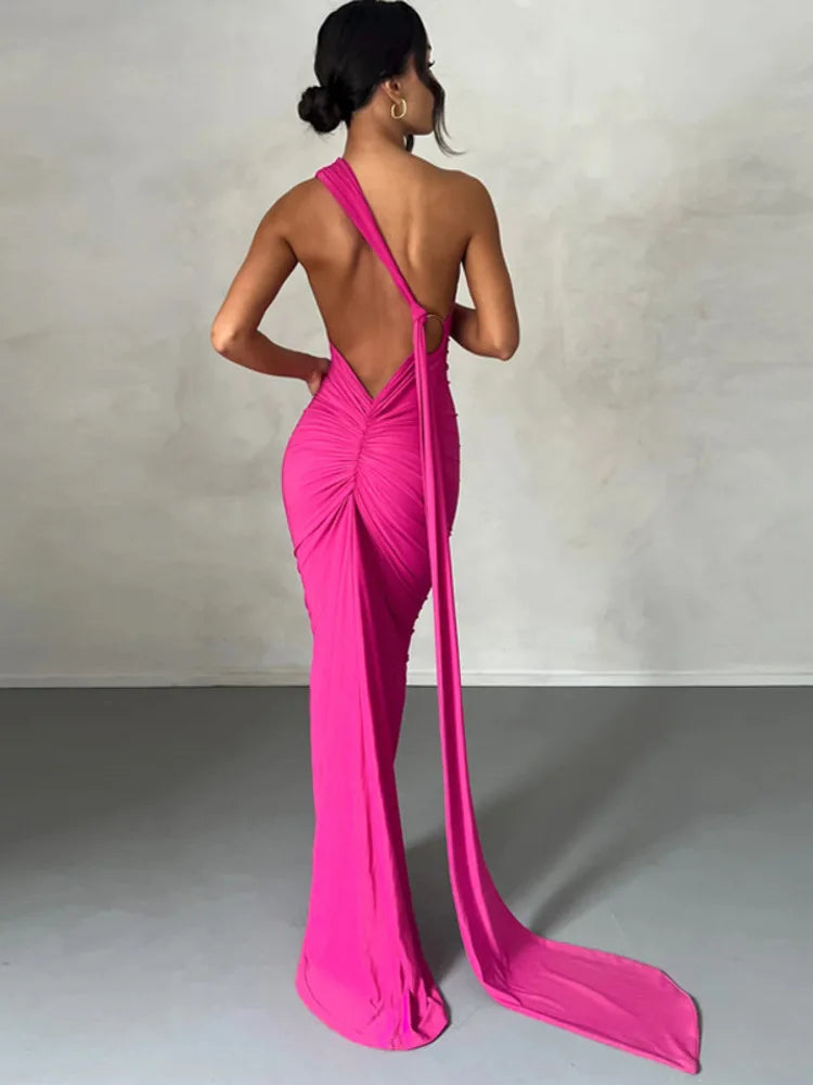 Oblique Shoulder Backless Maxi Dress For Women Gown Summer Back Strap Sleeveless Ruched Party Sexy Long Dress Vestidos