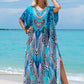 Bohemian Seaside Plus Size Print Kaftan Maxi Dress V Neck Slit Loose Robe Women Summer Beachwear Swimsuit Cover-ups