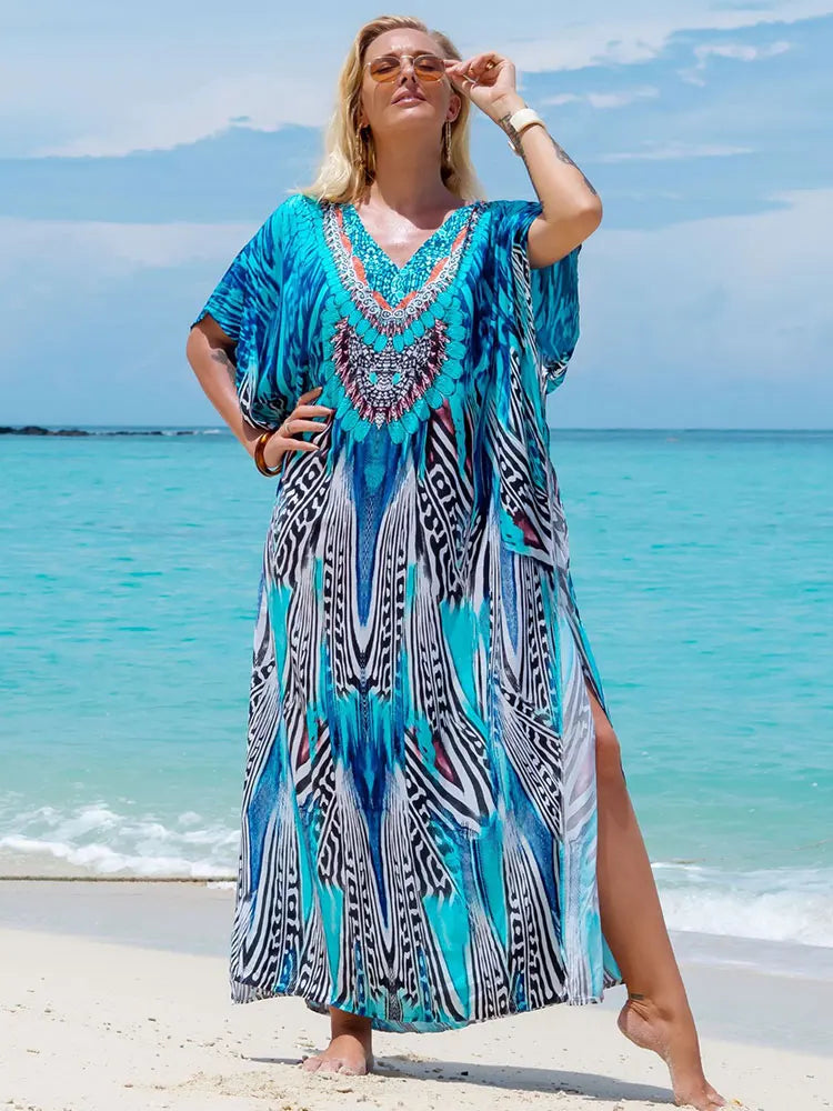 Bohemian Seaside Plus Size Print Kaftan Maxi Dress V Neck Slit Loose Robe Women Summer Beachwear Swimsuit Cover-ups