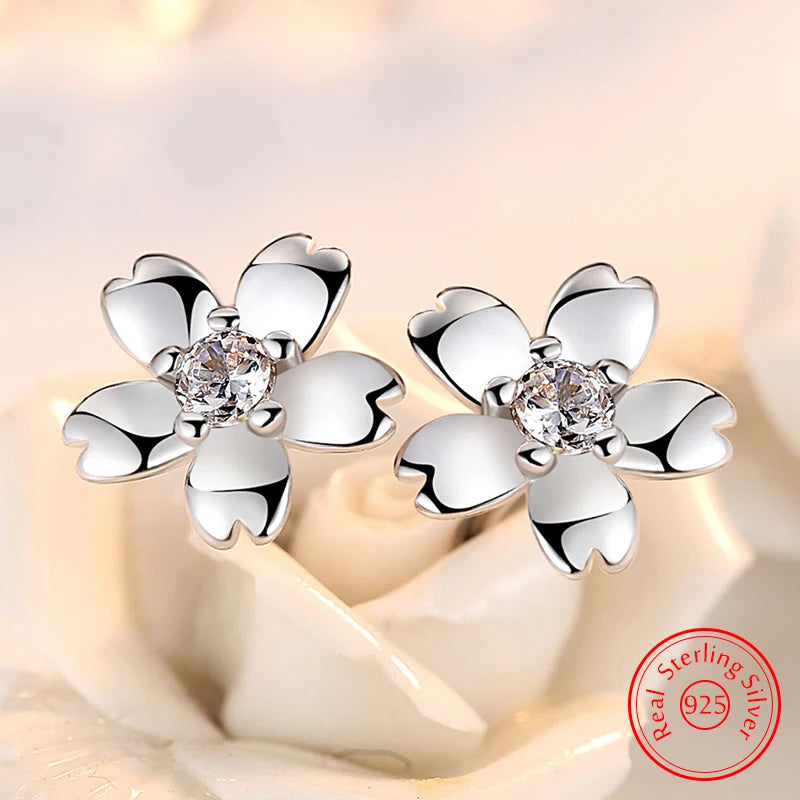 925 Sterling Silver Jewelry Crsytal Zircon Flower Stud Earrings