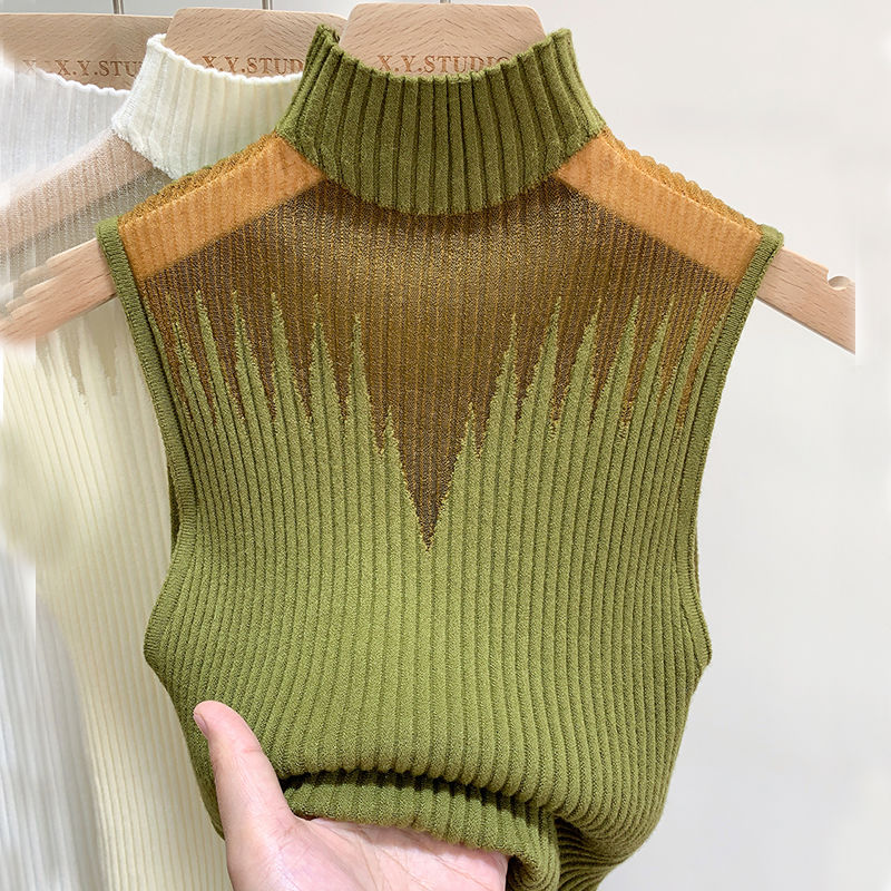 Mesh Hanging Neck Semi-high Neck Knitted Small Vest Female Undershirt Sweater Sleeveless T-shirt Short Tanks