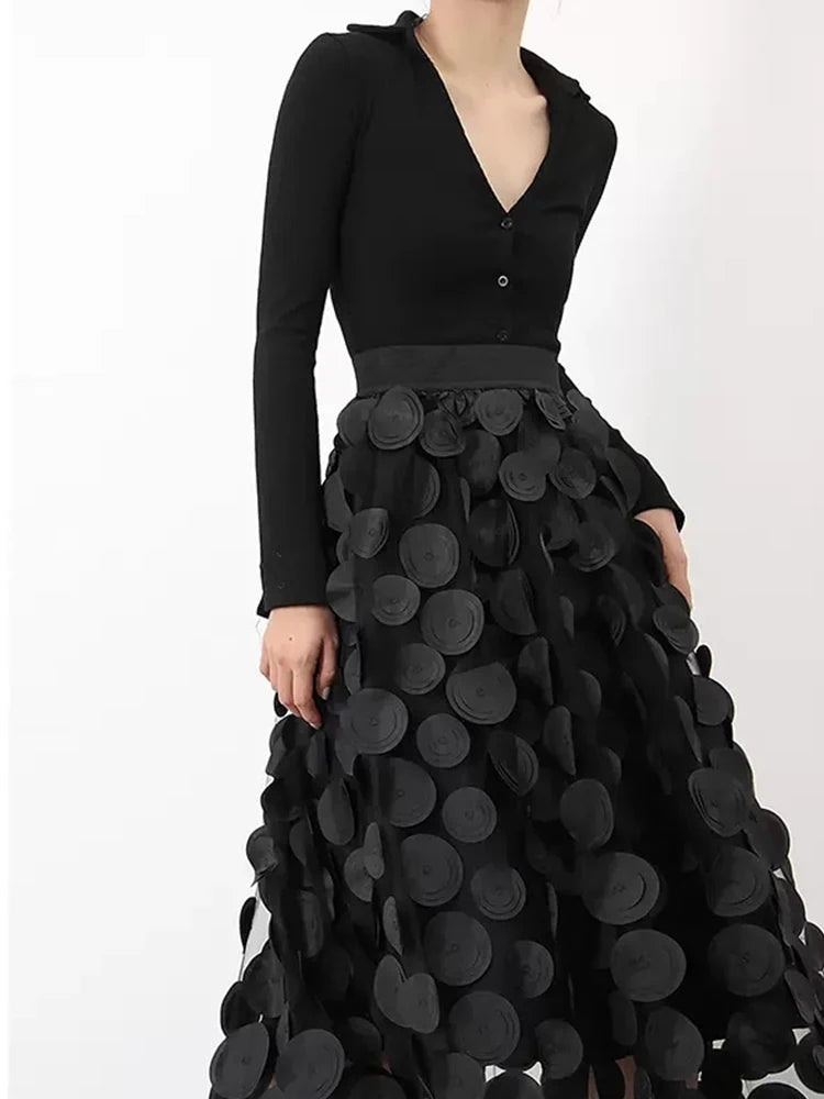 Fashion Design Black Tulle Long Skirt for Women 2023 Spring Summer Elegant Vintage A Line High Waist Midi Skirt Female