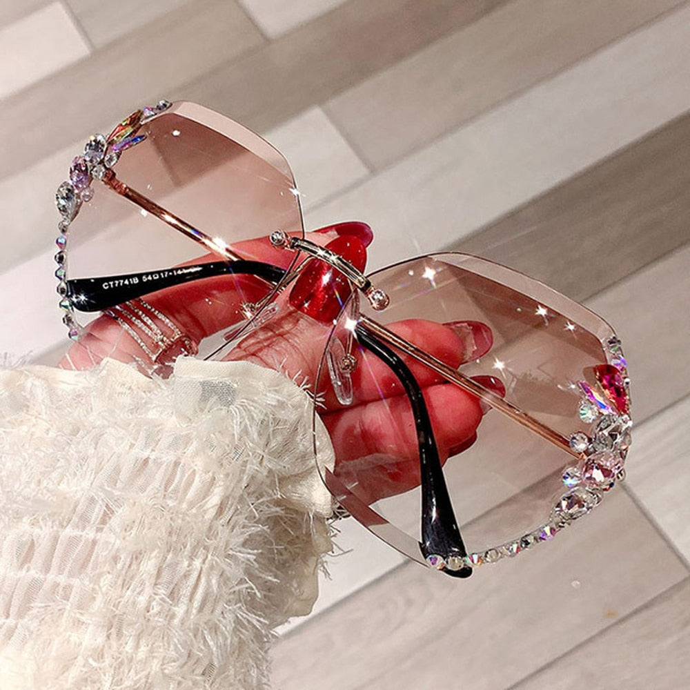 Luxury Vintage Rimless Rhinestone Sunglasses Fashion Gradient Lens Sun Glasses Shades for Female