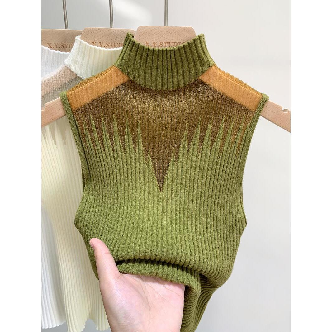 Mesh Hanging Neck Semi-high Neck Knitted Small Vest Female Undershirt Sweater Sleeveless T-shirt Short Tanks