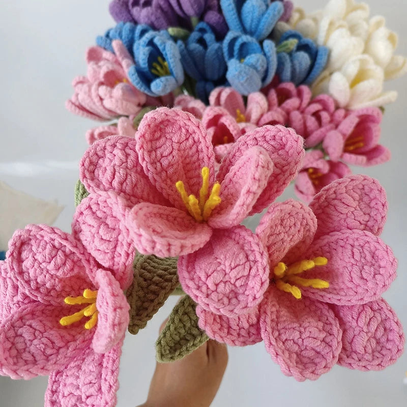 Hand-Knitted Flowers Artificial Tulips Bouquet Cotton Yarn Crochet Fake Flowers Home Table Decor