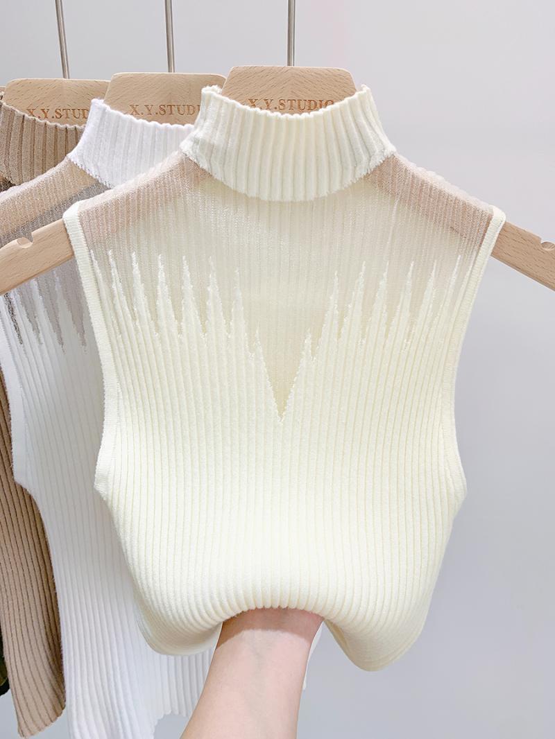 Mesh Hanging Neck Semi-high Neck Knitted Small Vest Female Undershirt Sweater Sleeveless T-shirt Short Tanks